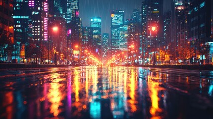Fototapeta premium Cityscape at Night After Rain with Reflections of Neon Lights
