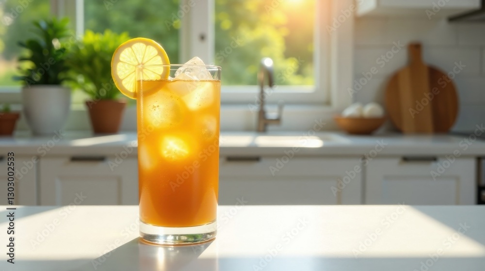 Poster refreshing iced tea with lemon slice on kitchen counter in sunlight