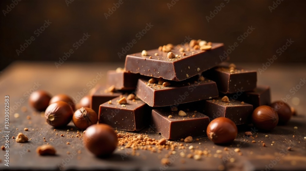 Poster Dark Chocolate Squares with Roasted Nuts and Cocoa Nibs on Rustic Wood