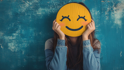 woman holds large yellow smiling emoji face