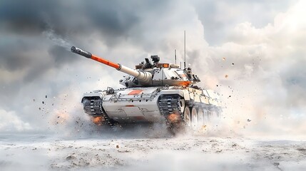 A futuristic combat tank in a high-stakes military exercise, its advanced targeting system locking onto an unseen target. The machine's sheer power and engineering excellence are highlighted 