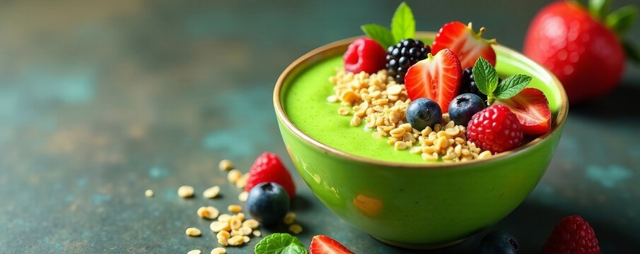 Vibrant green smoothie bowl with assorted fruits and granola toppings, colorful, healthy, vibrant