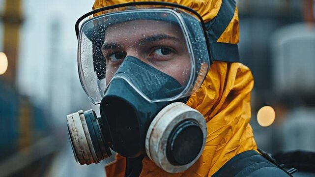 Guardian of the Unknown: A person in a vibrant yellow hazmat suit and gas mask stands vigilant, their determined gaze meeting the viewer, embodying preparedness and protection.