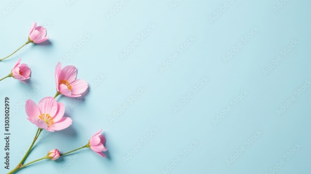 Poster delicate pink blossoms arranged on a light blue background, creating a serene and elegant floral com