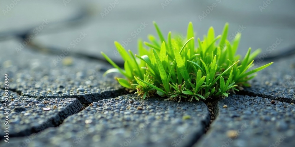 Poster resilient growth a tiny cluster of vibrant green sprouts pushing through dark pavement cracks