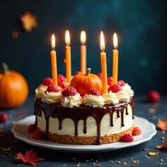 Vibrant happy birthday cake for october celebration with glowing candles, celebration, vibrant