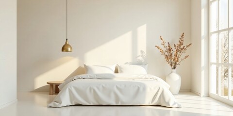 Serene Bedroom Interior Design with Minimalist Decor and Sunlight Streaming Through Window