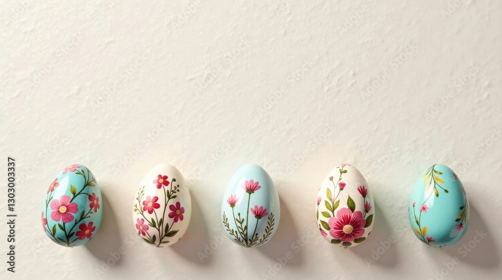 Poster decorative easter eggs with floral designs arranged in a row on a light background