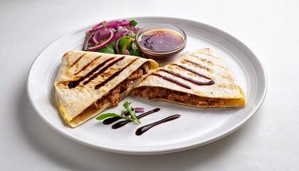 Quesadilla with grilled meat and red onion salad, drizzled in balsamic sauce, on an oval white plate against a white background.