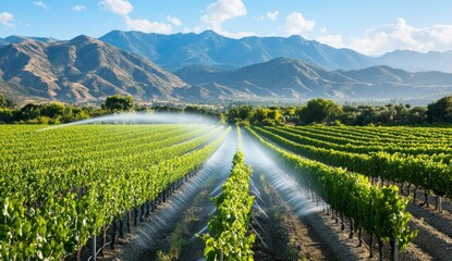 Fototapeta premium Vineyard sprinkler system in action, located at the foot of mountains. A vineyard with rows of grapevines being watered