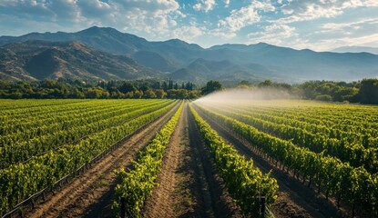 Vineyard sprinkler system in action, located at the foot of mountains. A vineyard with rows of grapevines being watered