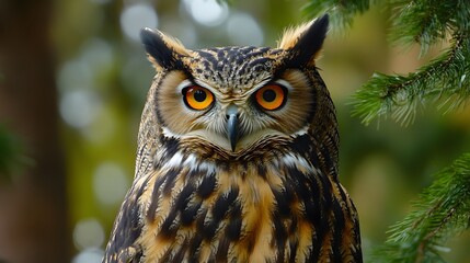 Fototapeta premium Realistic Portrait of a Eurasian Eagle Owl with Striking Features and Intense Gaze in Natural Habitat