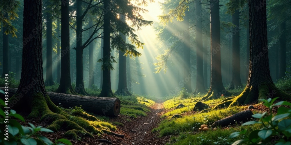 Poster sunlit path through a mystical forest, beams of light illuminating mossy tree roots and a serene woo