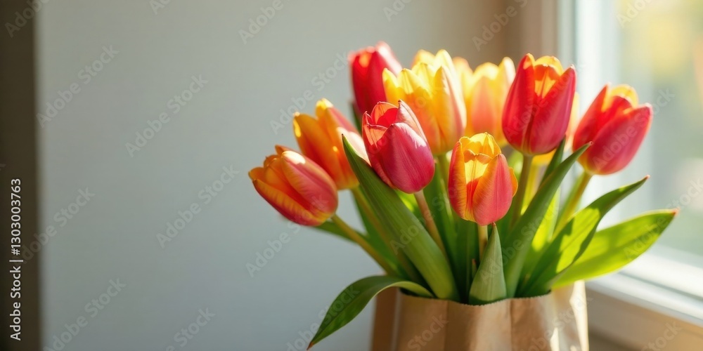 Poster sunlit bouquet of vibrant red and yellow tulips in a simple paper wrapper, a stunning display of spr