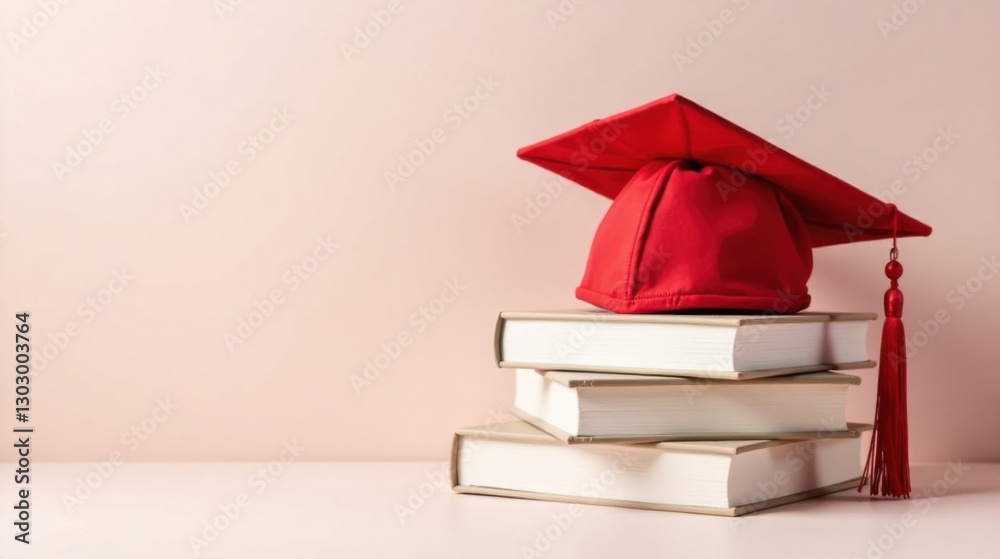 Poster A Crimson Graduation Cap Rests Atop a Stack of Textbooks Against a Soft Pink Background