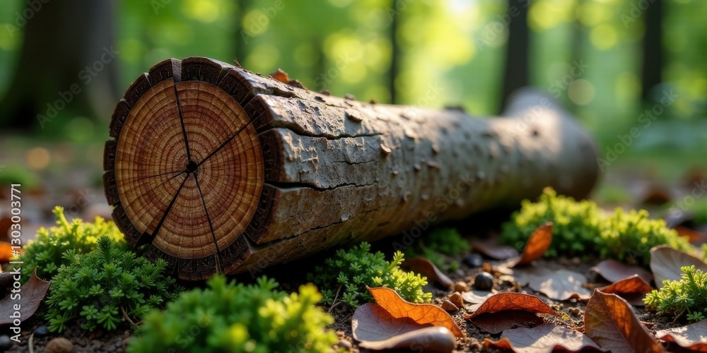 Poster Sunlit Forest Floor with a Cross-Sectioned Log Resting on Lush Moss and Autumn Leaves