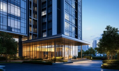 Obraz premium Modern high-rise glass building architecture at dusk.