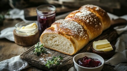 Freshly baked bread on a wooden table with butter and jam, rustic style, natural lighting