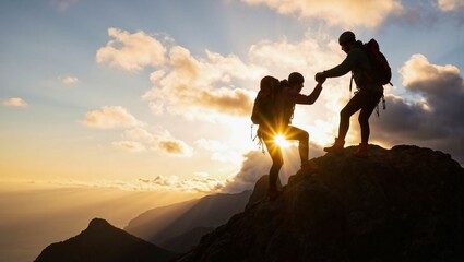 Reaching New Heights: Two Adventurers Climbing a Mountain and Helping Each Other at Sunrise