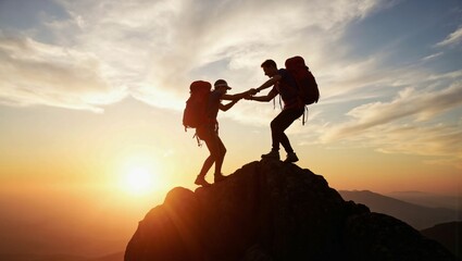 Reaching New Heights: Two Adventurers Climbing a Mountain and Helping Each Other at Sunrise