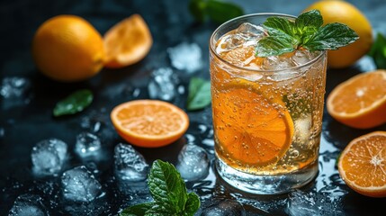 refreshing summer drink with fresh fruits and ice on rustic table