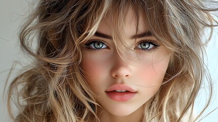 Naklejka premium A warm, softly lit portrait of a 16-year-old girl with a distinctive hairstyle—light brown curls with two bold white streaks at her parting. Her serene expression and delicate features create 