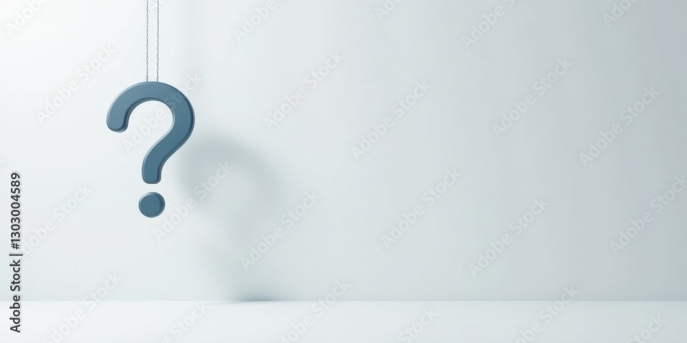 Poster a suspended question mark, a symbol of inquiry and uncertainty, against a simple white background