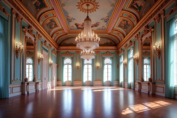 Fototapeta premium The image depicts a luxurious baroque-style ballroom with intricate decorations, frescoes, and turquoise accents, complemented by arched windows and fuchsia-framed mirrors.
