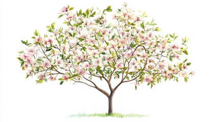 Obraz premium Vector Watercolor Blooming Flower Tree on White Background