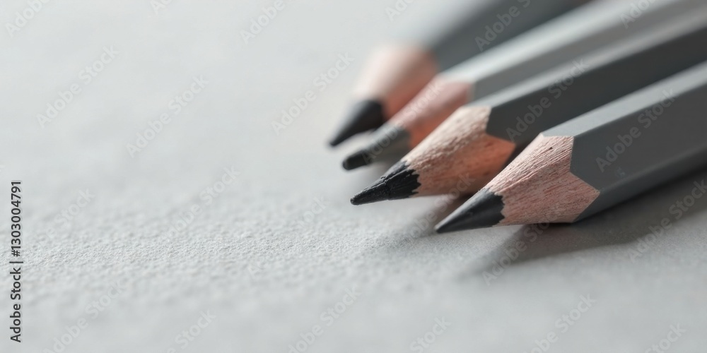 Aufkleber Close-up view of several graphite pencils arranged on a textured surface, showcasing their sharpened tips and wooden casings