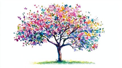 Obraz premium Vector Watercolor Blooming Flower Tree on White Background