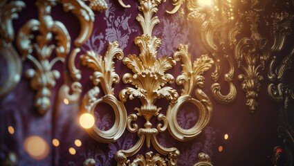 A beautifully crafted gold pattern adorns deep purple wallpaper, creating a lavish atmosphere. The elaborate details and sheen enhance the sophisticated elegance of the decor