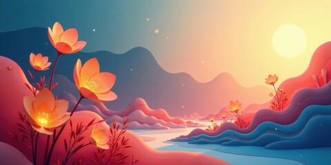 Serene Sunset Landscape with Glowing Flowers in a Dreamlike Valley