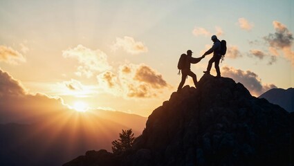 Summit Triumph: Two Hikers Celebrating Teamwork and Success at the Top of the Mountain