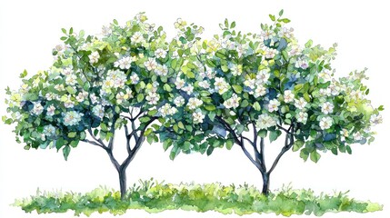 Vector Watercolor Blooming Flower Tree on White Background