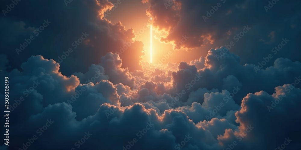 Poster a radiant beam of light pierces through a dramatic expanse of clouds, creating a breathtaking celest