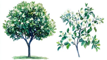 Obraz premium Vector Watercolor Blooming Flower Tree on White Background