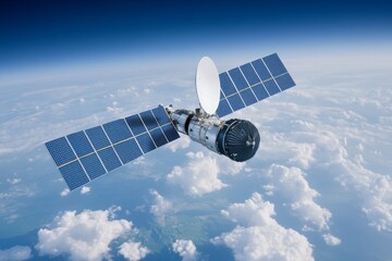 A high-tech satellite in space covered in solar panels, harnessing energy for deep space missions