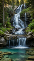Alpine waterfall cascading into a clear pool.
