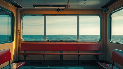 Fototapeta premium Serene Maritime Interior with Ocean View Through Panoramic Windows