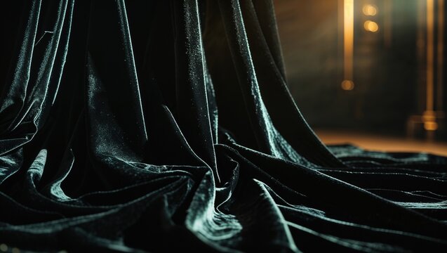 Soft, dark fabric flows gracefully, creating intricate folds and shadows. The rich texture adds depth and elegance, offering a perfect backdrop for various artistic endeavors