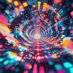 Obraz premium A mesmerizing swirl of vibrant colors and patterns creates an illusion of depth and motion, evoking the sensation of traveling through a digital tunnel filled with light and energy