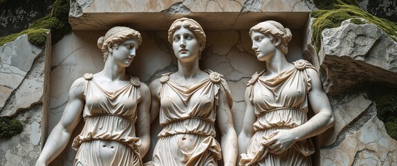 Three elegantly draped sculptures stand together in a tranquil area, partially covered in moss, creating a harmonious blend of art and nature. This setting evokes a sense of history and beauty