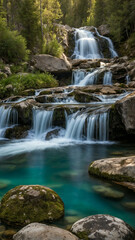 Alpine waterfall cascading into a clear pool.