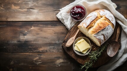 Freshly baked bread on a wooden table with butter and jam, rustic style, natural lighting