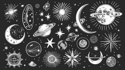 Intricate Illustrations of Celestial Bodies and Cosmic Patterns