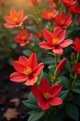 Obraz premium Vibrant red and orange flowers with fall foliage, background, autumn, nature