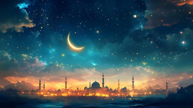 Flat illustration of Laylatul Qadr, showcasing a serene night scene with a crescent moon, stars, and a mosque with glowing lights, with a harmonious and unique color palette