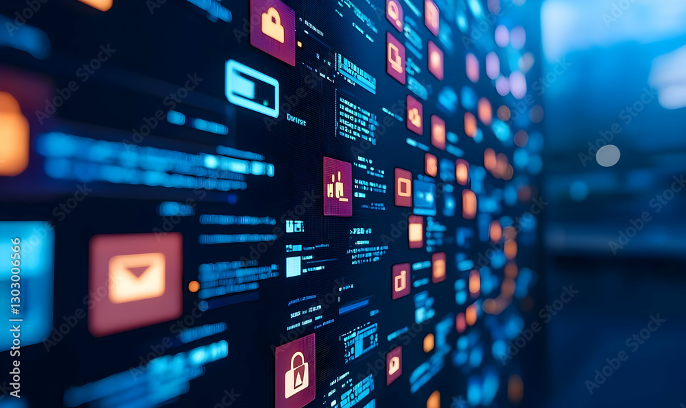 Poster digital interface with colorful icons and data streams for technology