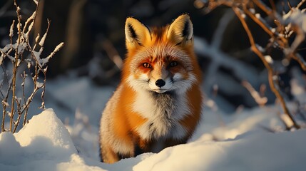 Obraz premium Realistic Winter Scenery Featuring a Fox in Snowy Landscape with Branches and Natural Environment